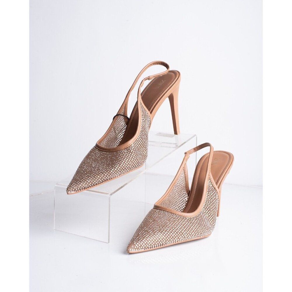 Zara Women Slingback Rhinestone Pointed Heels Tan silver US 9 EU 40 2231/310 NWD